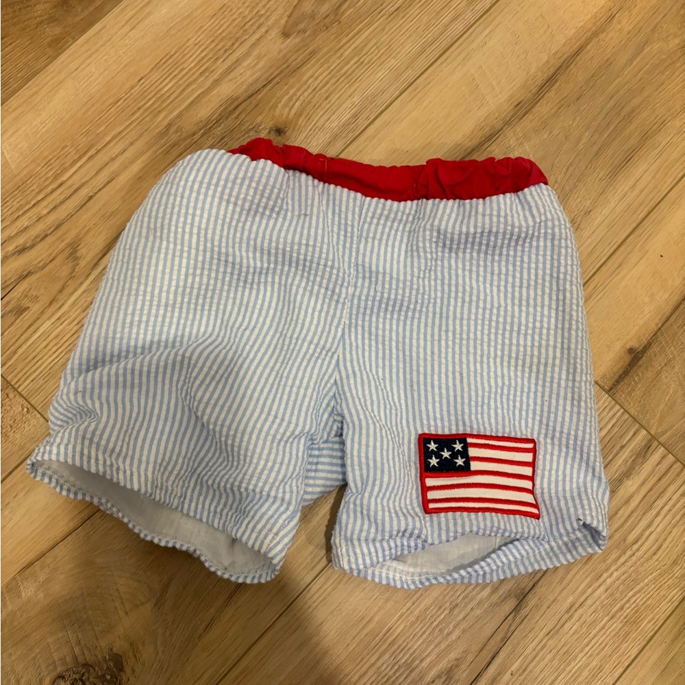Boys seersucker swim trunks with Flag Patch